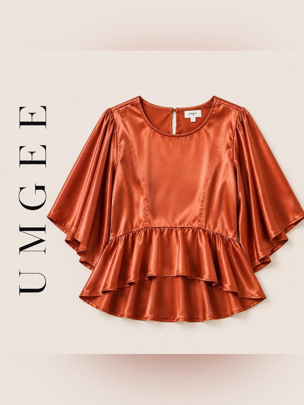 Umgee Satin Peplum Top Kimono Sleeve Amber Sunset Blouse